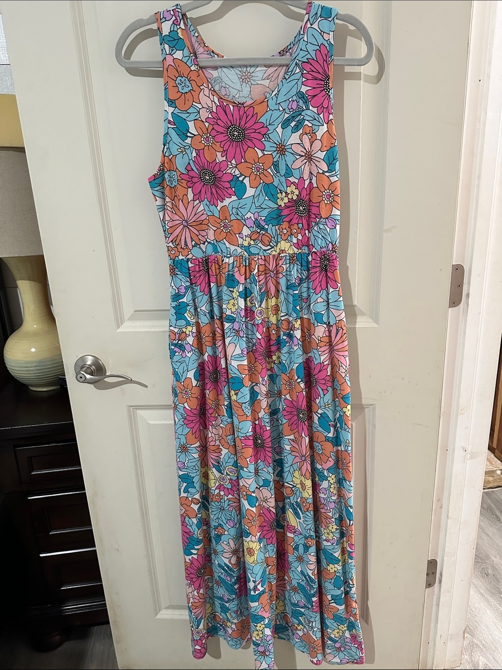 Floral Sleeveless Maxi Dress in Blue, Pink & Orange with pockets